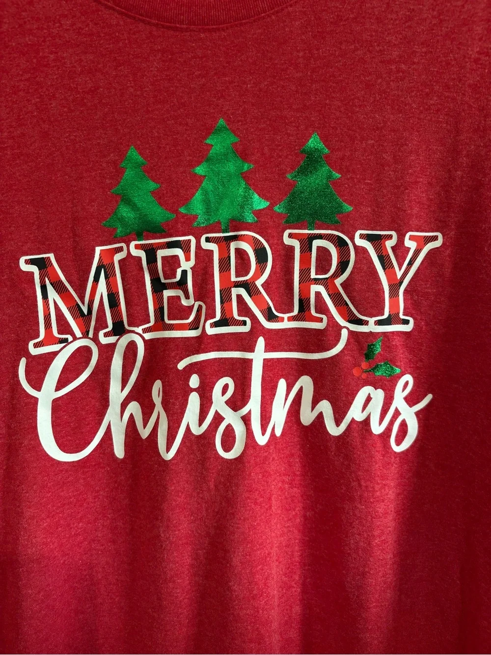 Holiday Time Women's Merry Christmas T-Shirt XL (16-18) Red Plaid Trees